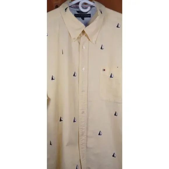 Tommy Hilfiger Men's XXL Yellow Short Sleeve Button Down Shirt Sailboat Nautical - Picture 5 of 7